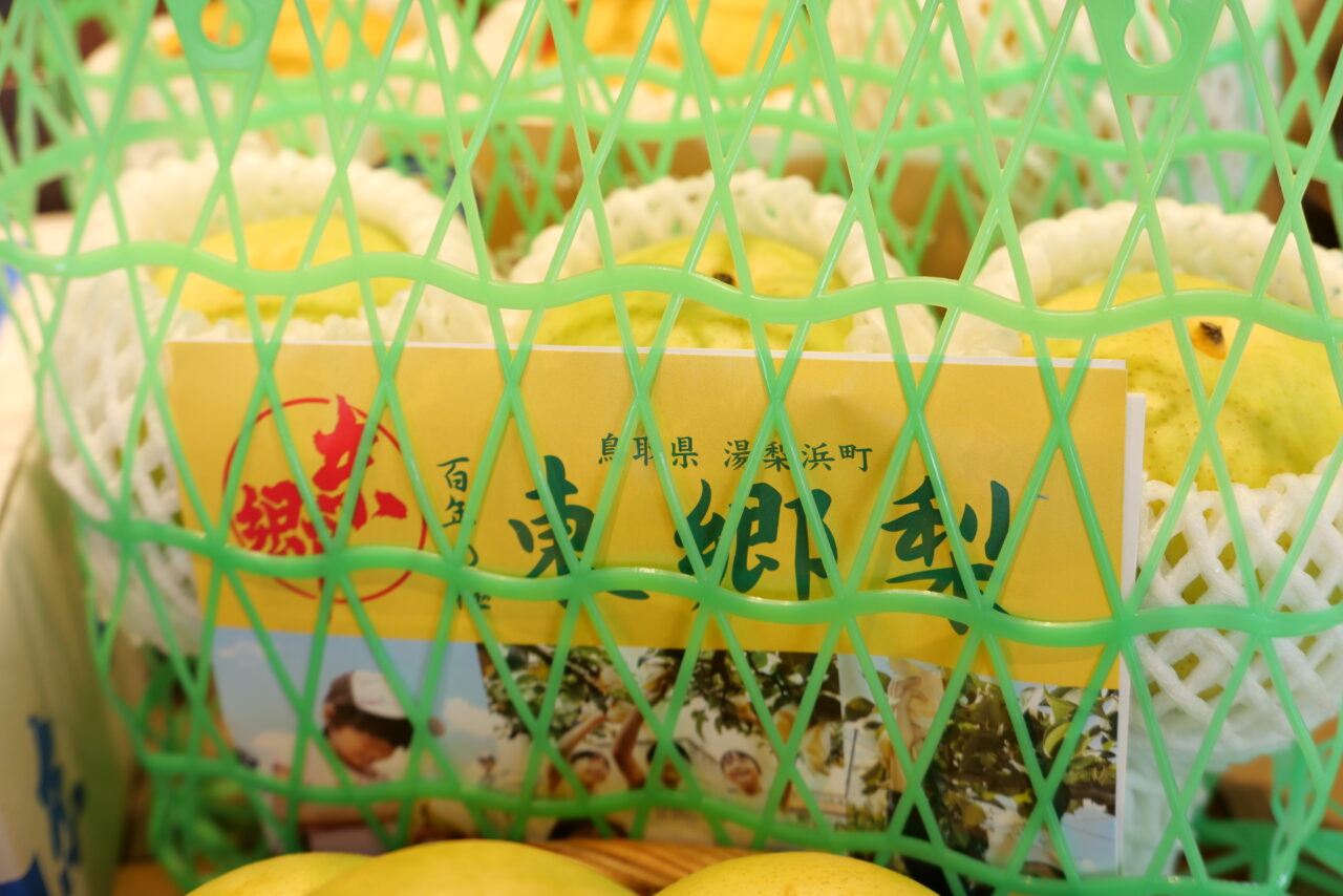 通天閣のビリケンさんに秋の味覚を奉納、鳥取から「二十世紀梨」と「新甘泉」が届けられました
