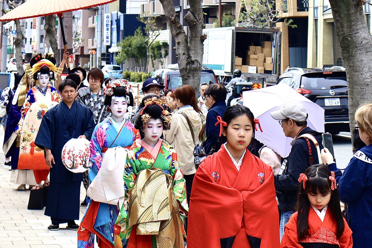 「関西軽音楽俱楽部オーケストラ」ボーカルの八坂美空さんが、お隣の天王寺区の下寺町で行われた夕霧太夫行列で華やかな太夫姿を見せました